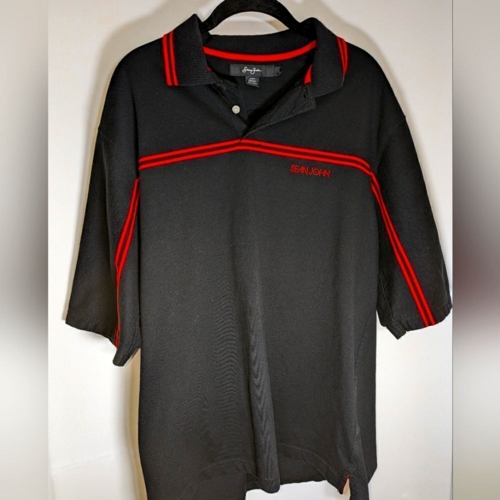Sean John Men's Large Black Short Sleeve with Red Stripe an Embroidered Logo